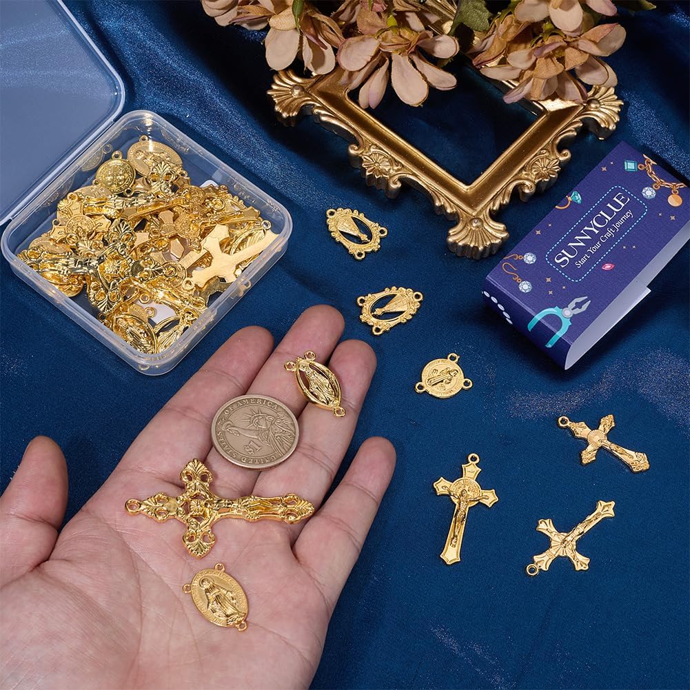 SUNNYCLUE 1 Box 40Pcs 8 Styles Rosary Center Charms Gold Crucifix Charm Metal Tibetan Rosary Cross Centerpiece Chandelier Links Pendants for Jewelry Making DIY Necklace Bracelets Supplies Easter - Image 3