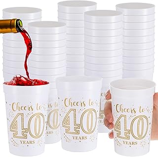 Lallisa 40 Pcs 16 oz 40th Birthday Cups 40th Birthday Party Plastic Stadium Cups 40th Birthday Party Decorations 40 Year Old Birthday Party Favors for Cheers to 40 Years, Gold and White