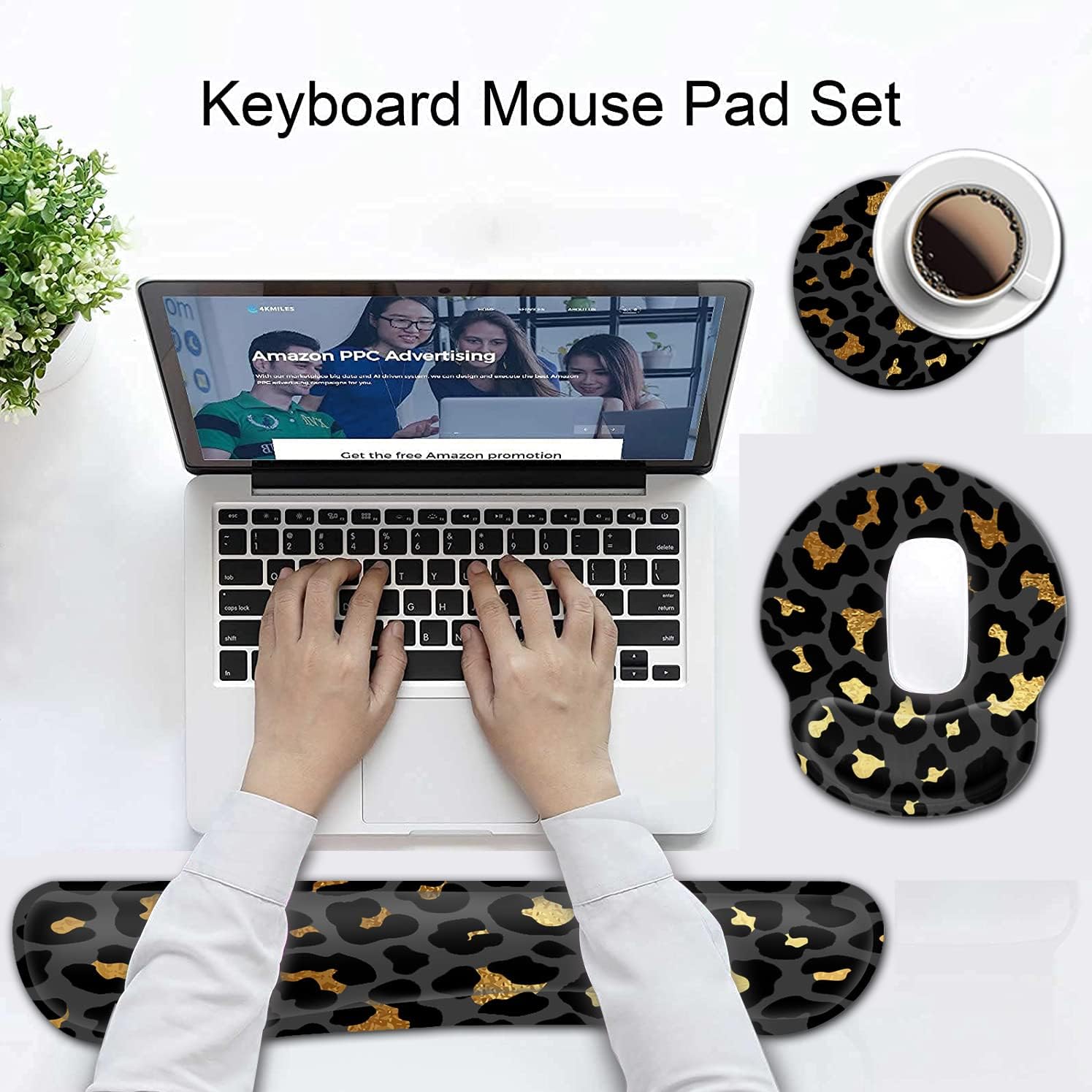 Ergonomic Mouse Pad Gel Wrist Support and Memory Foam Keyboard Wrist Rest Set, for Gaming Computer Office Laptop Easy Typing Wireless Mouse Mat, Funy Gold & Black Leopard Print Office Desk Pad