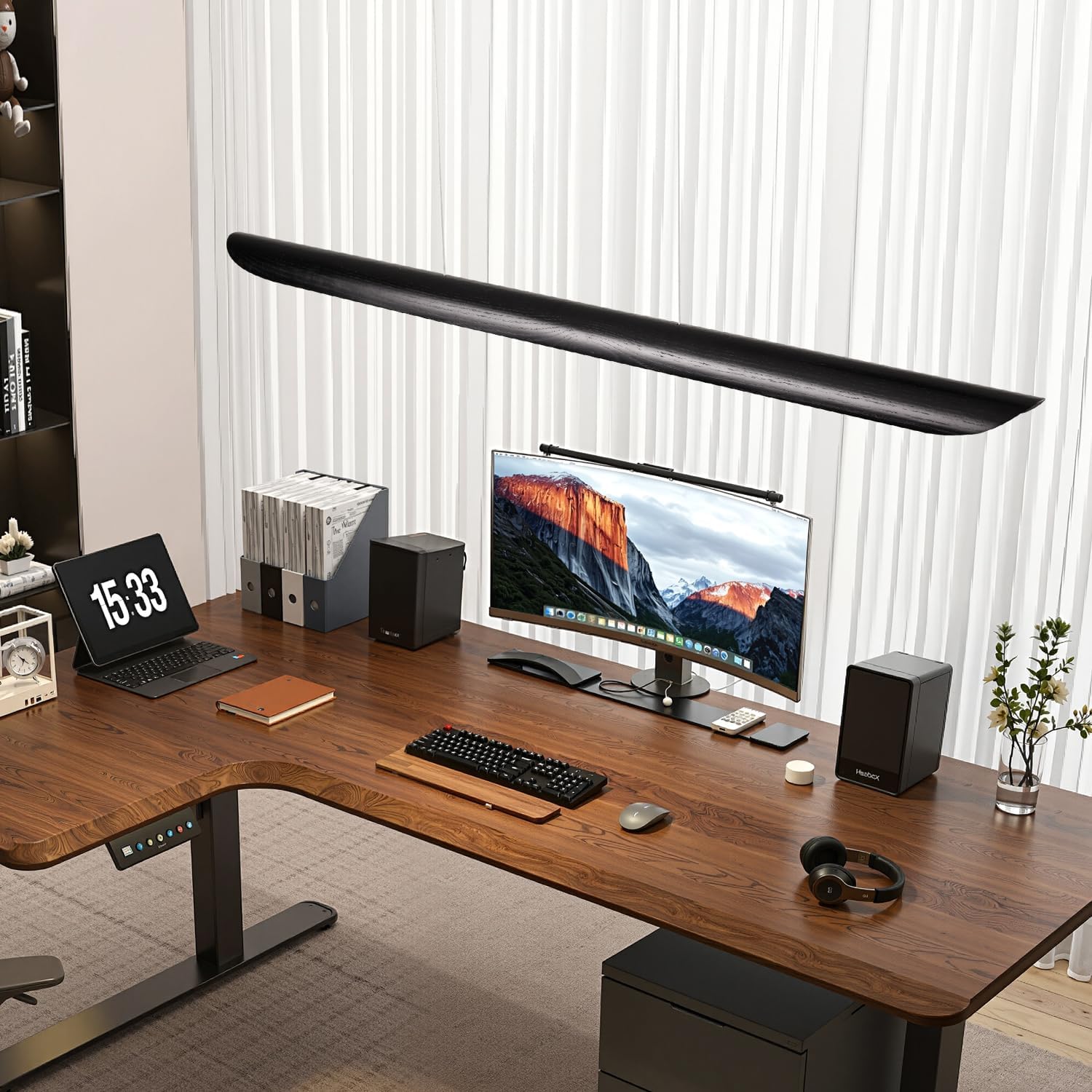 39" Modern Led Linear Pendant Light Dimmable Ceiling Hanging Lights Wood Linear Chandeliers Office Lighting for Dining Room Kitchen Island Pool Table Light Living Room Bar Pendant Light Black 24W