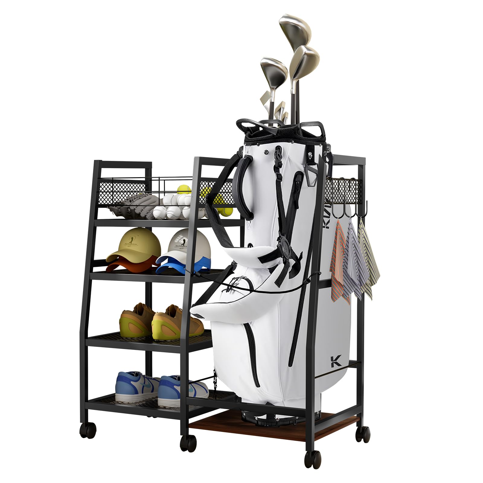 【UPDATE】 Golf Storage Rack - Golf Bag Stand Rack,Golf Club Organisers Extra Large,Golf Bag Organiser with Universal Wheels and Removable Hooks, All-in-1 Golf Garage Organizer for Golf Clubs