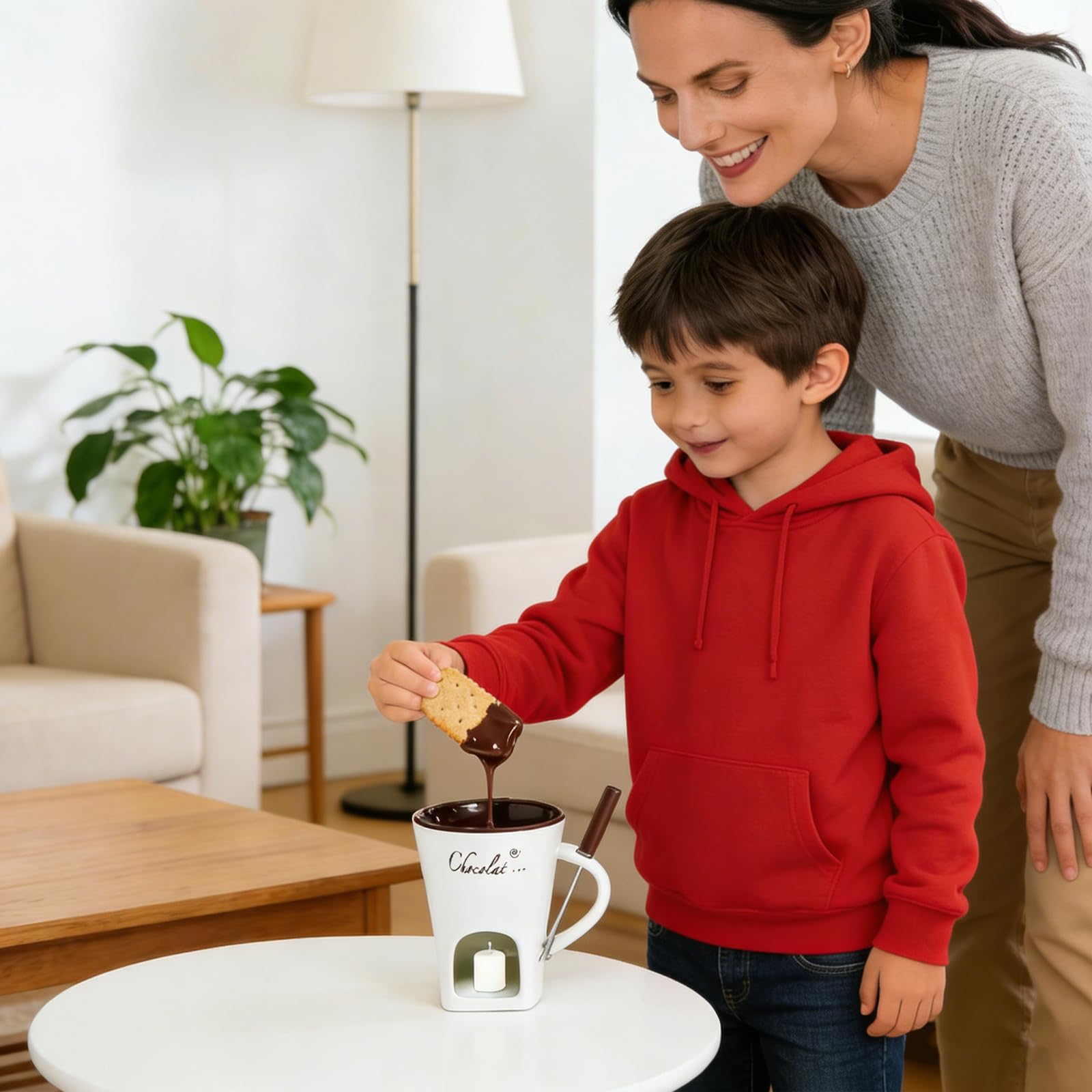 Tazza Cioccolata Calda Candela 130ml Ceramica con Forchette, Scaldacioccolato per Casa (Bianco)
