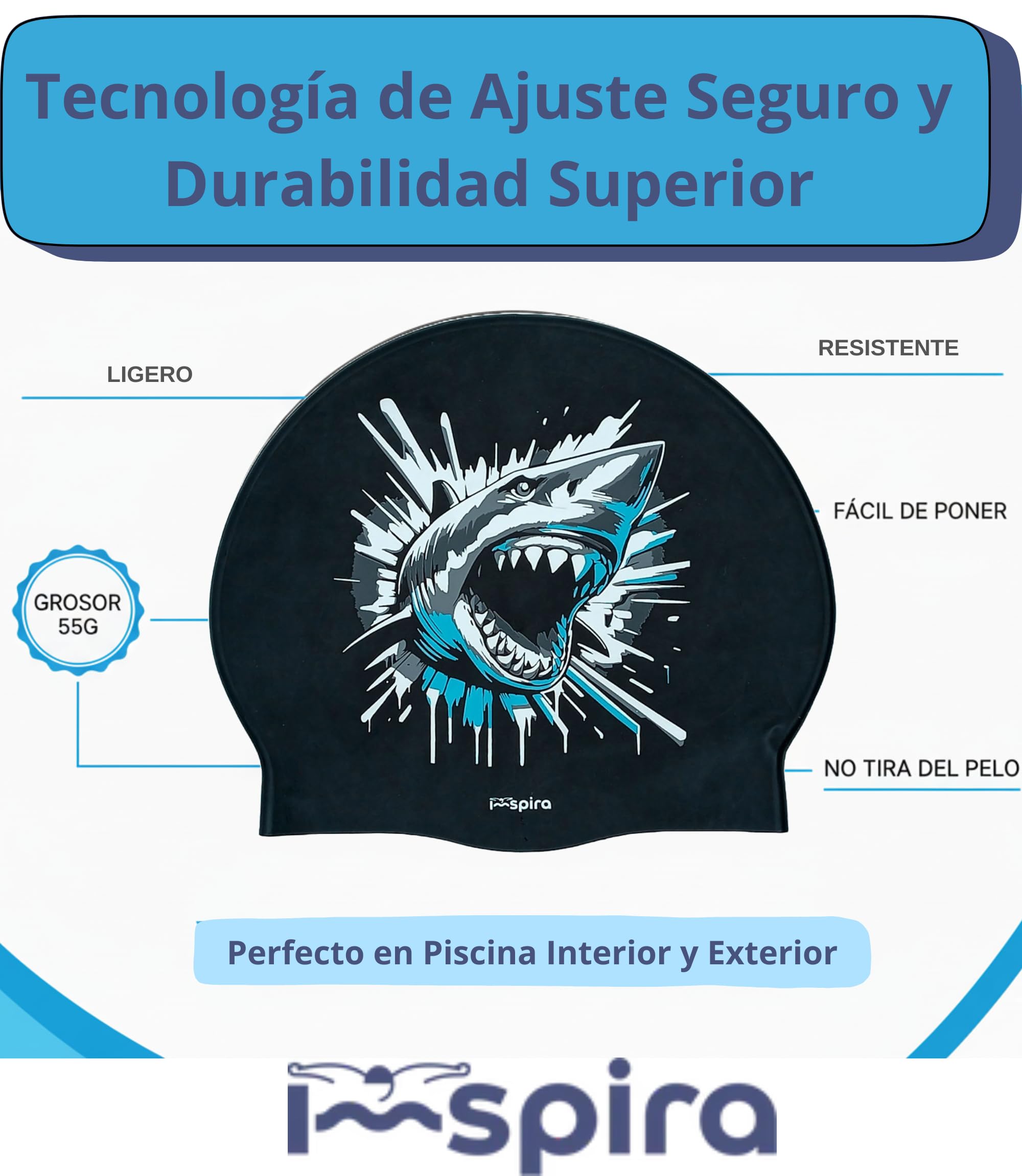 gorro natacion silicona adulto nino THE SHARK tiburon gorro piscina hombre divertido gorra natacion mujer original entrenamiento intensivo deporte acuatico aguas abiertas aquagym master clubes