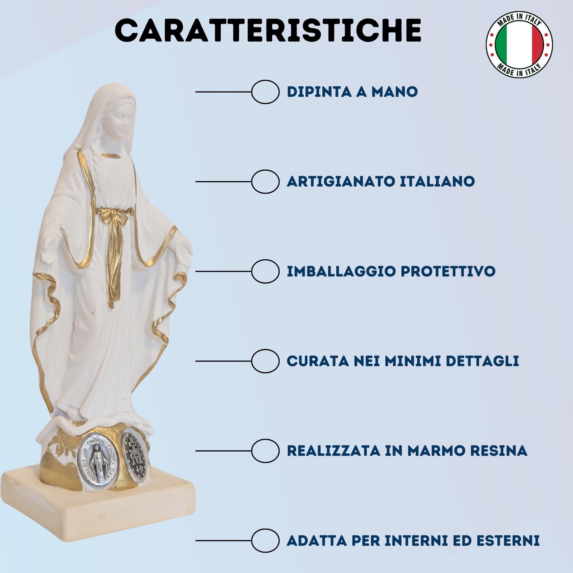 OVUNQUE PROTEGGIMI Statua Madonna Miracolosa o Immacolata Concezione cm 10, in Polvere di marmo. Piccola Statuetta della Madonnina. Medaglia Miracolosa in metallo.