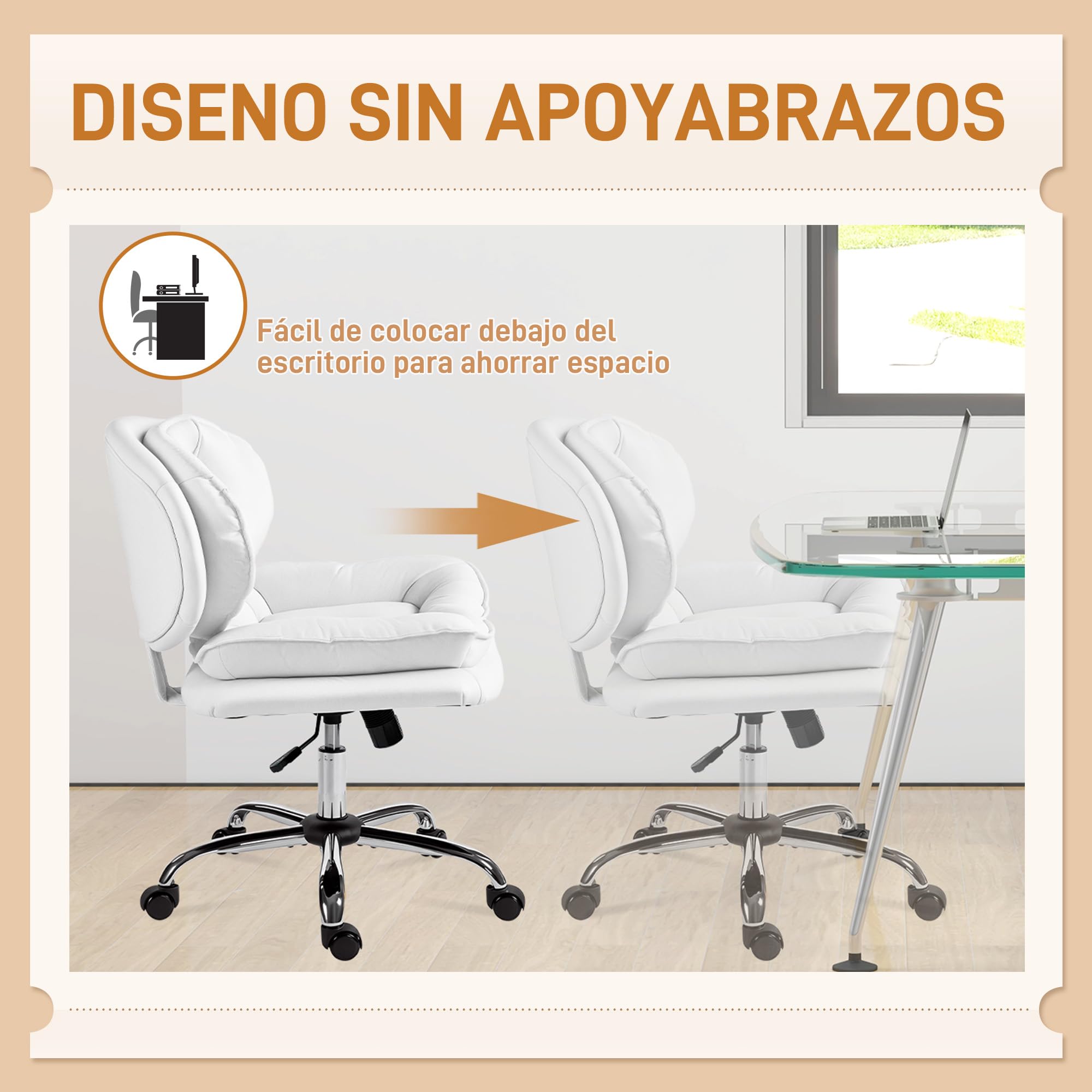 HOMCOM Silla de Oficina Piernas Cruzadas sin Brazos, Ruedas Blanco | Silla Tocador con Asiento Ancho, Altura Ajustable, Doble Acolchado, Giratoria, Función Basculante, Tapizada en PU