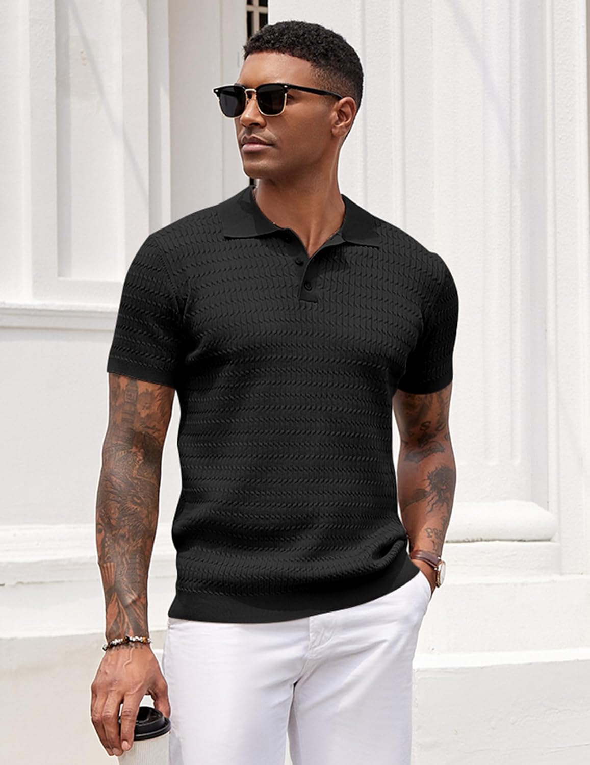 COOFANDY Mens Knit Polo Shirt Short Sleeve Vintage Textured Casual Golf Shirts Summer Beach Top - Image 2