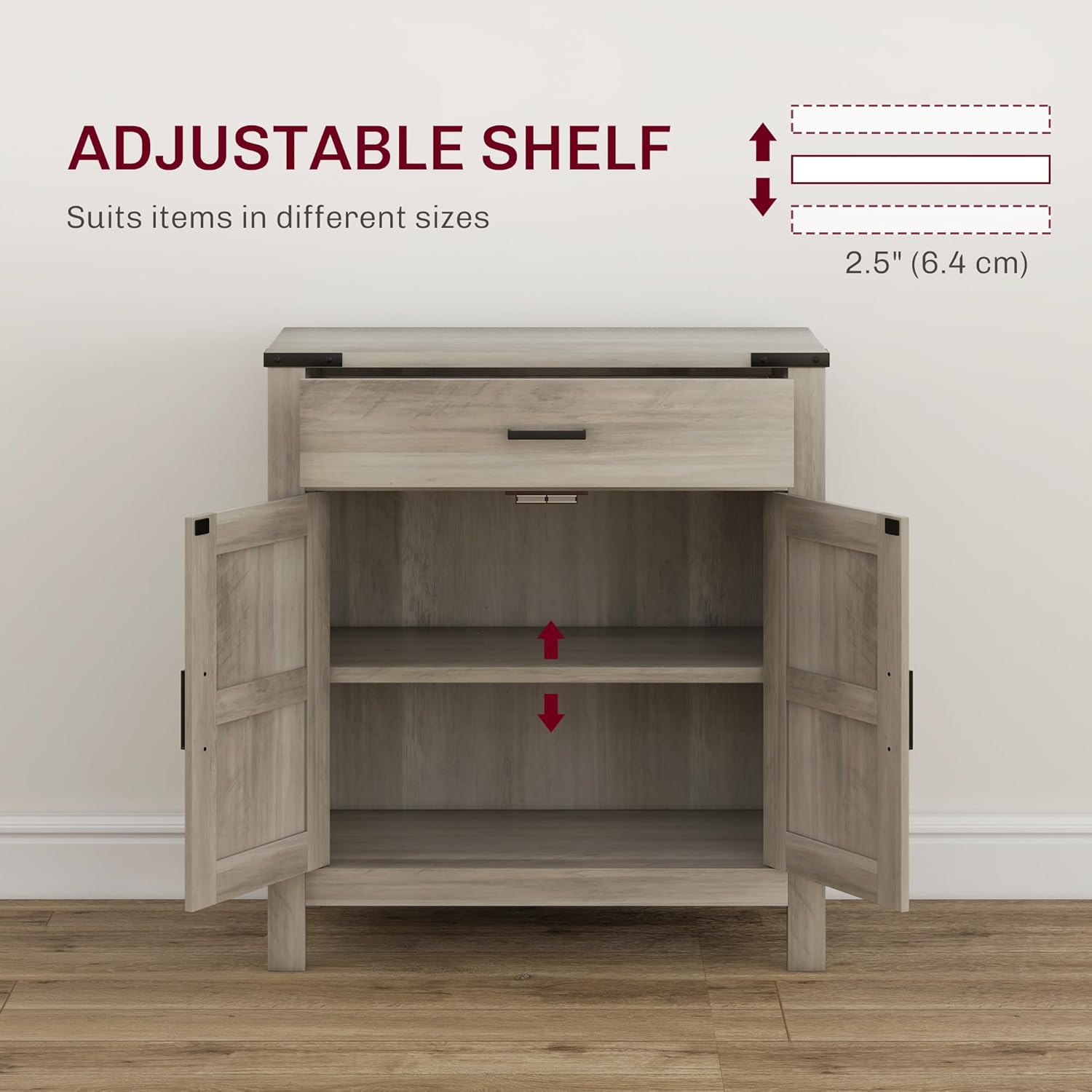 HOMCOM Sideboard with 1 Drawer 1 Storage Cabinet, Buffet Cabinet with Barn-Style Doors and Adjustable Shelf, Farmhouse Kitchen Cabinet, Grey