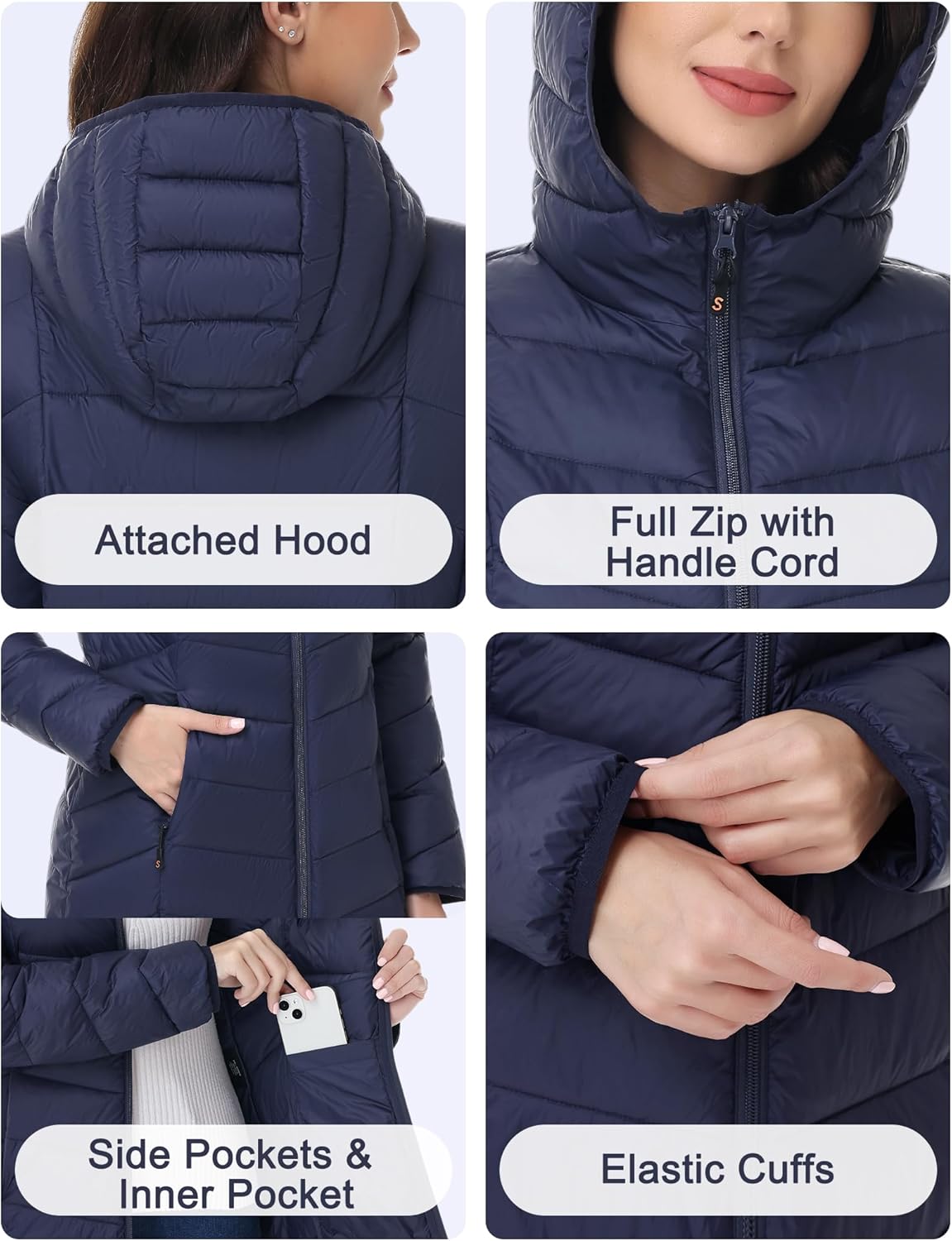 SLOW DOWN Womens Lightweight Puffer Coat, Women Hooded Packable Mid-Length Winter puffer Jacket - Image 5