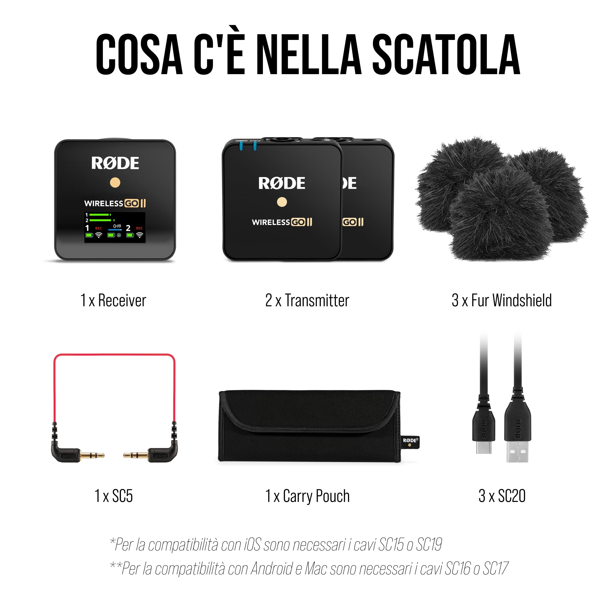RØDE Microphones Sistema wireless a doppio canale Wireless Go II con microfoni incorporati, nero, Doppio trasmettitore