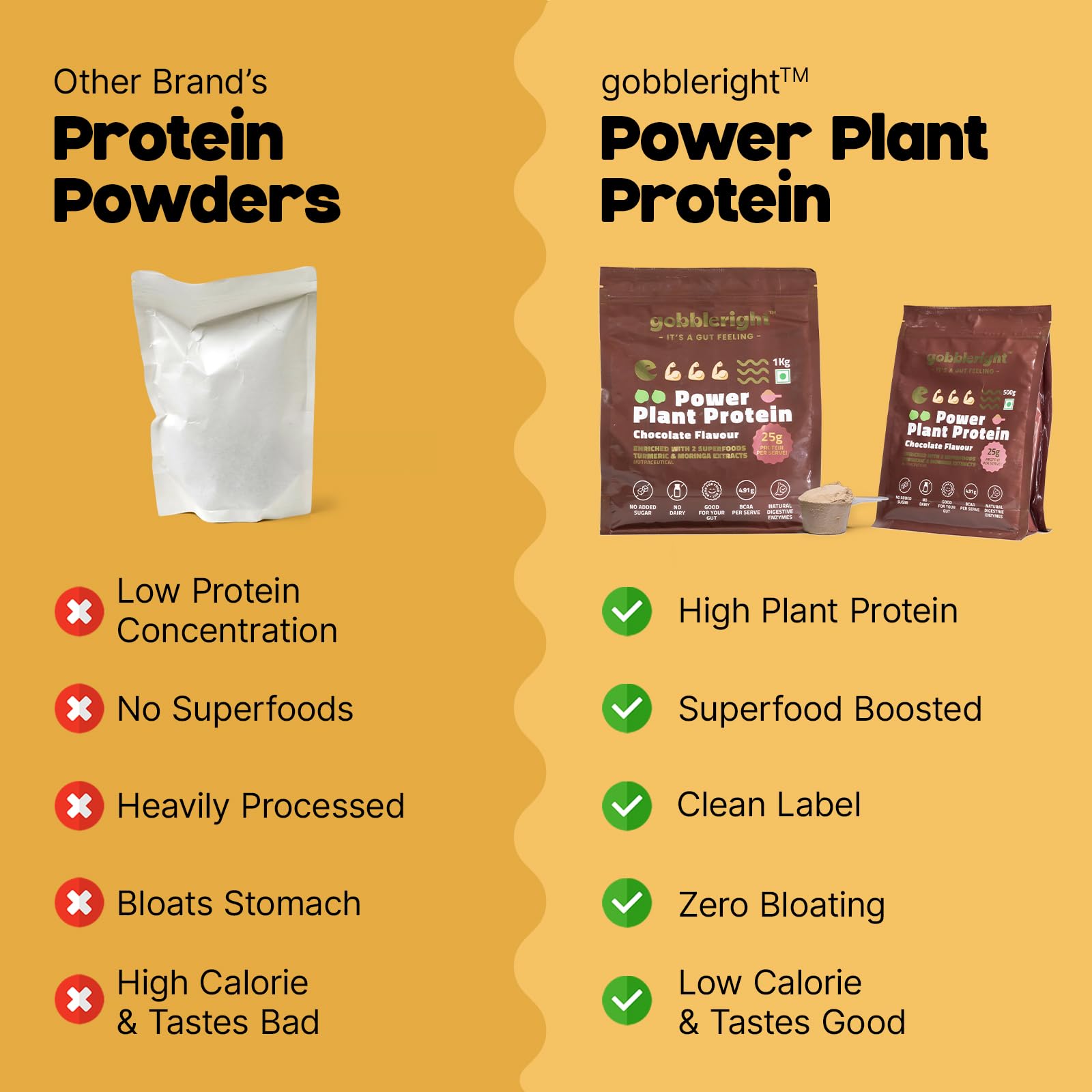 GOBBLERIGHT Plant Protein Powder Chocolate (1kg)-28.5g Protein & 4.91g BCAA Per Serve|Isolate & Concentrate Pea Rice Powder with Turmeric & Moringa Extracts|No Added Sugar|Gut Friendly — Amazon image 6