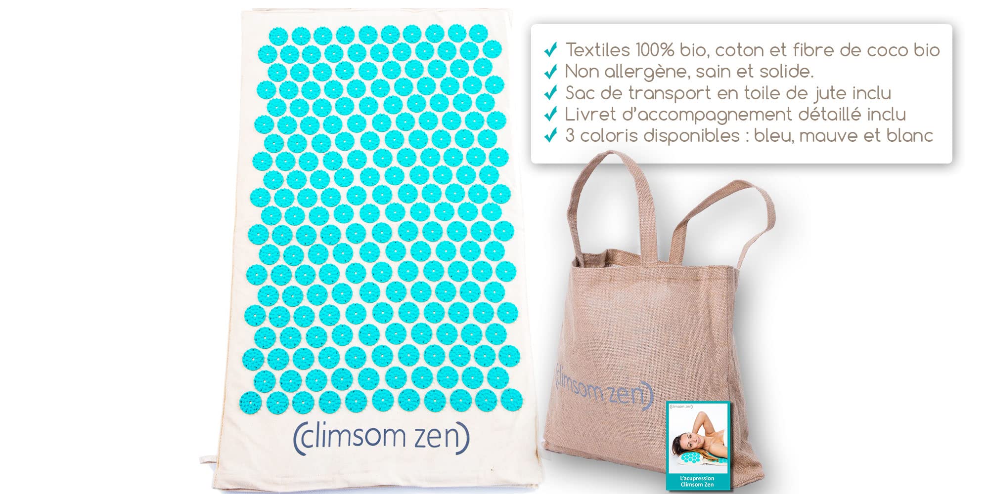 CLIMSOM Zen – Tapis d’acupression, textiles 100% naturels et biologiques, sac en toile de jute et livret de conseils inclus, massage du dos à domicile (Bleu-Vert)