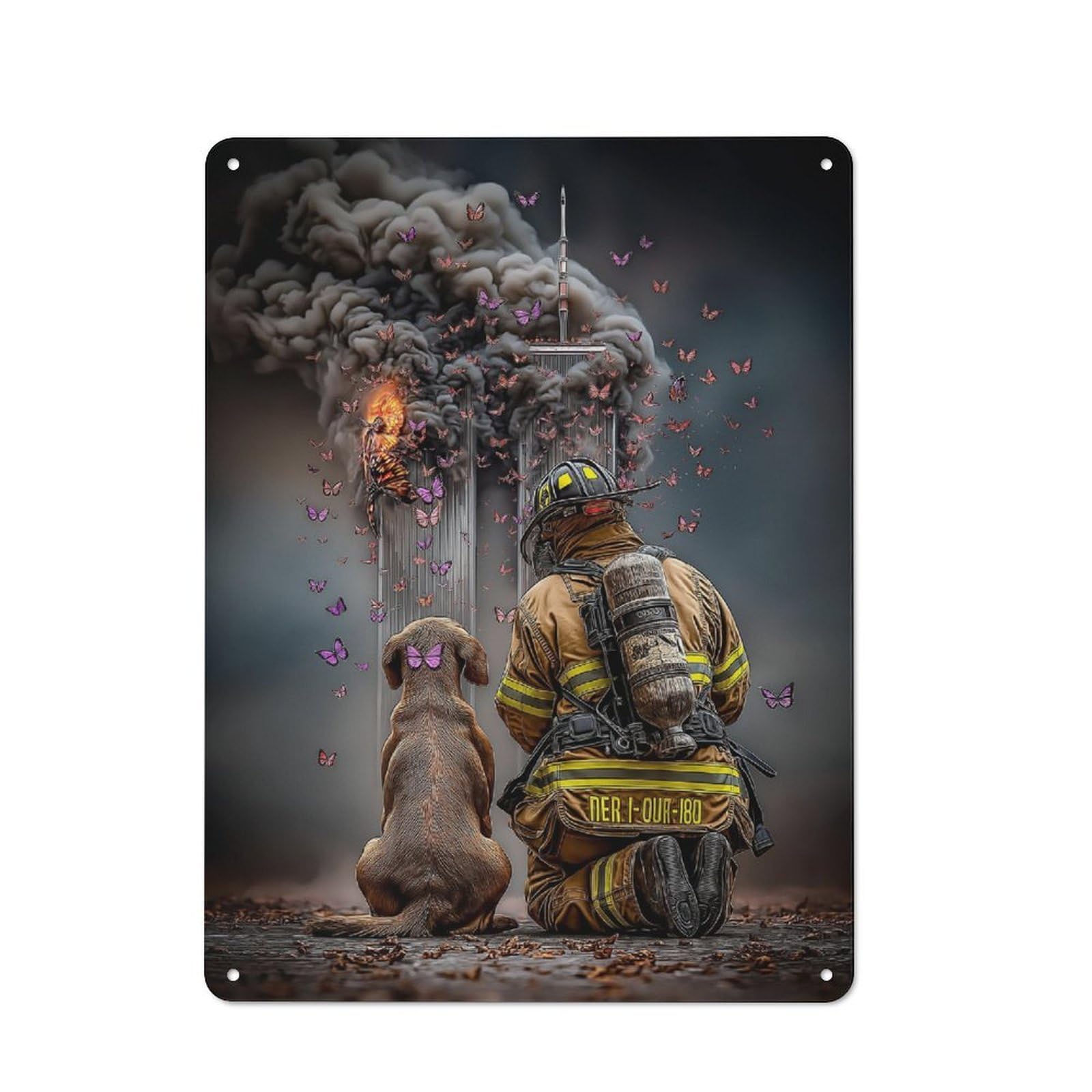 Junmoney Firefighter And Dog In Tribute Vintage Tin Sign 40X30cm With For Man Cave Or Games Room, Suited To Wall Displays In Games Rooms And Man Caves