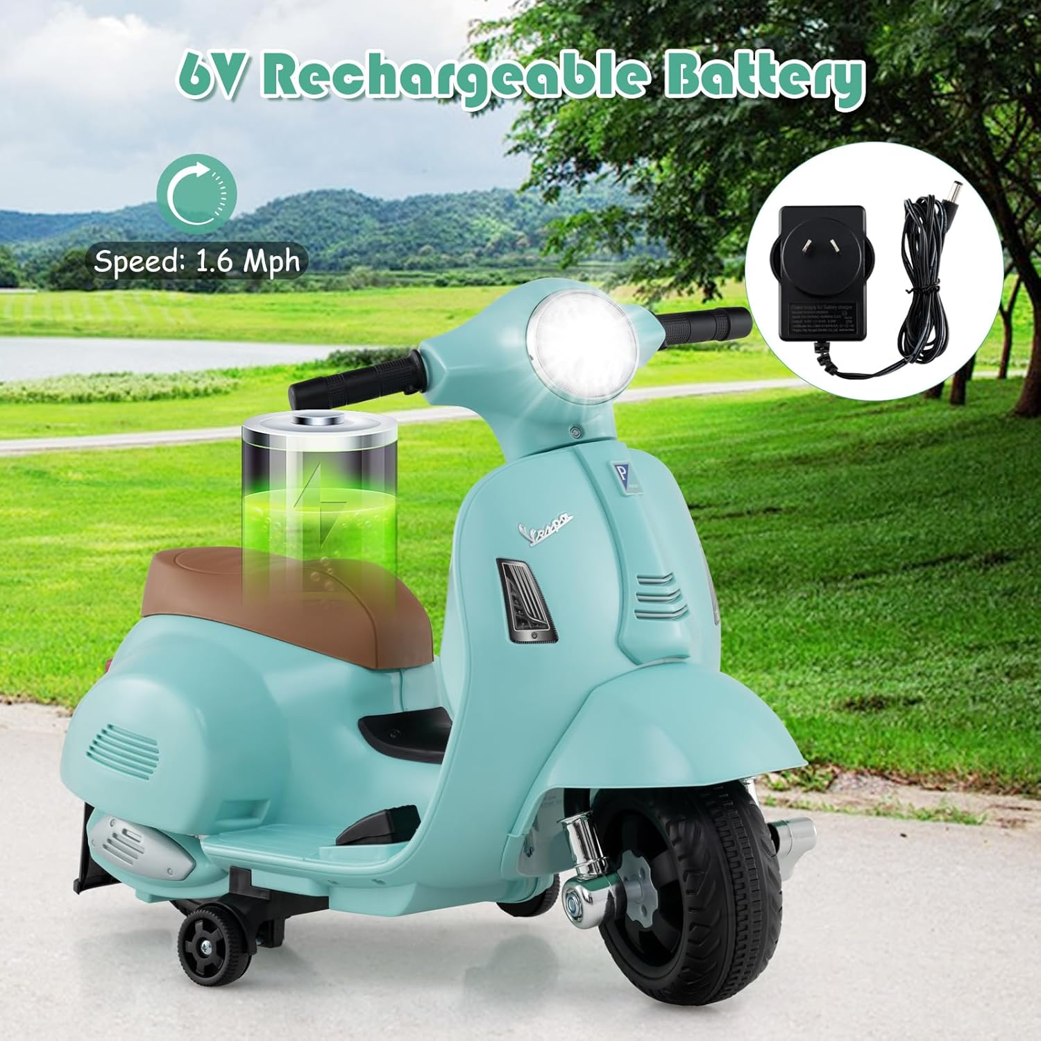 Licensed Vespa Kids Motorcycle by INFANS, 6V Battery Powered Motorbike for Toddlers with Training Wheels, Horn, LED Lights, Electric Ride on Toys for Boys Girls Aged 18-36 Months (Green)