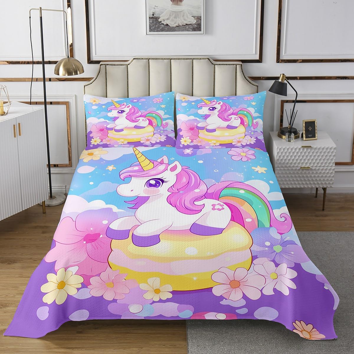 Manfei Unicorn Bedspread Twin Size,Cartoon Animals Bedding Set 2pcs for Kids Teens Living Room Decor,Dreamy Flower Rainbow Quilted Coverlet Soft Breathable with 1 Pillowcase