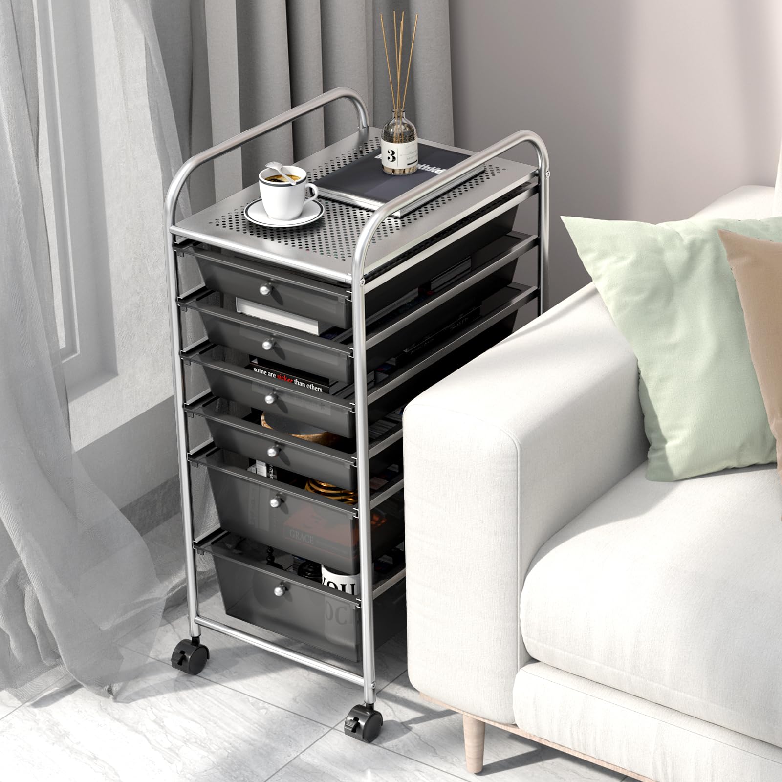 GIANTEX 6 Tiroirs Chariot de Rangement, Tour de Rangement Bureau sur roulettes, Desserte à roulettes Verrouillables avec Cadre Métal, Idéal pour Bureau, Salon, Chambre (Noir)