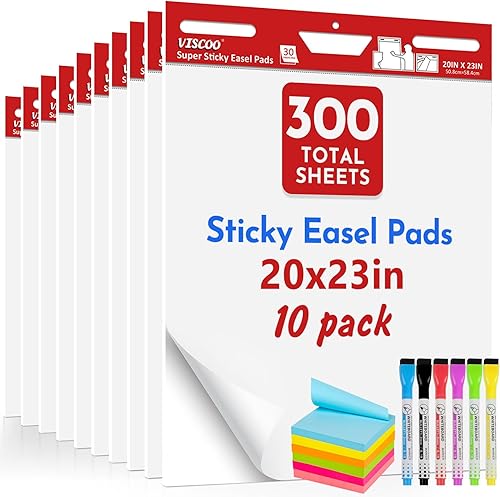 Thickened Sticky Easel Pad, 20 x 23 Inches Large Chart Paper for Teachers, Self Stick Easel Paper for White Board, White Anchor Chart Paper, with