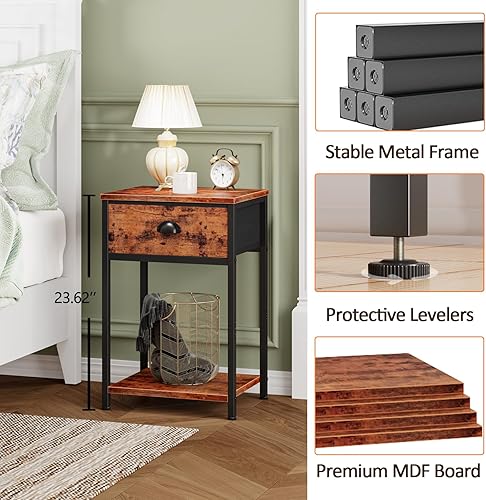 Miniatura 4 de Furologee Juego de 2 mesitas de noche, mesita de noche con cajón de tela y estante de almacenamiento, mesas de noche retro para lugares pequeños,