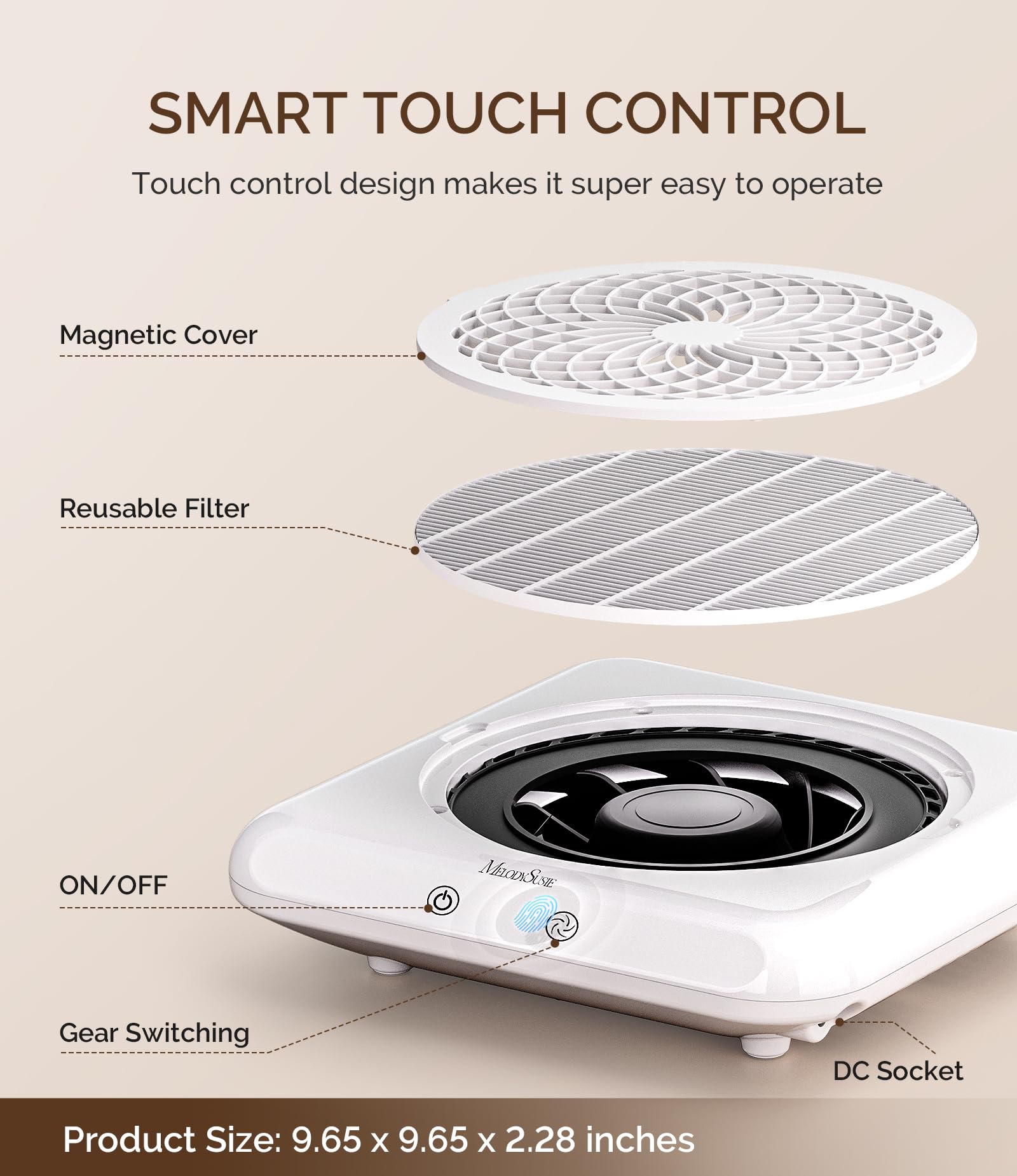 MelodySusie Professional Nail Dust Collector with Max Suction Power,SProF 4500RPM Nail Vacuum Fan with 3 Suction Modes,Touch Control & 360-Degree Capture Trusted Tool for Nail Tech & Salon Use,White - Image 4
