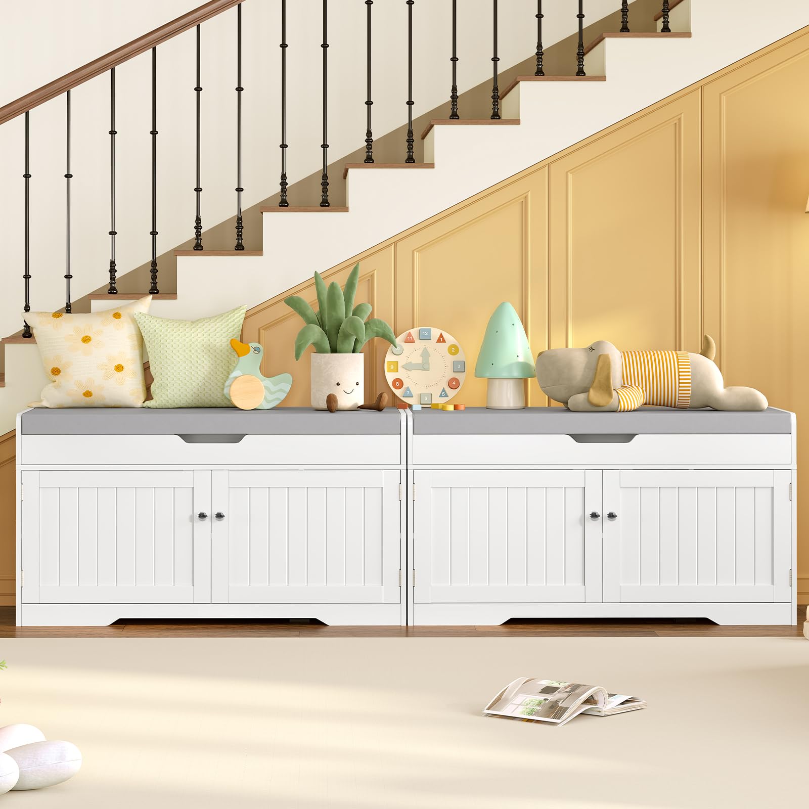 TEENFON 92cm Scarpiera Panca,Panca Contenitore con Cuscino,2 Ripiani Regolabili,Scarpiera per Ingresso, Camera da Letto,92x35x50cm (Bianco)