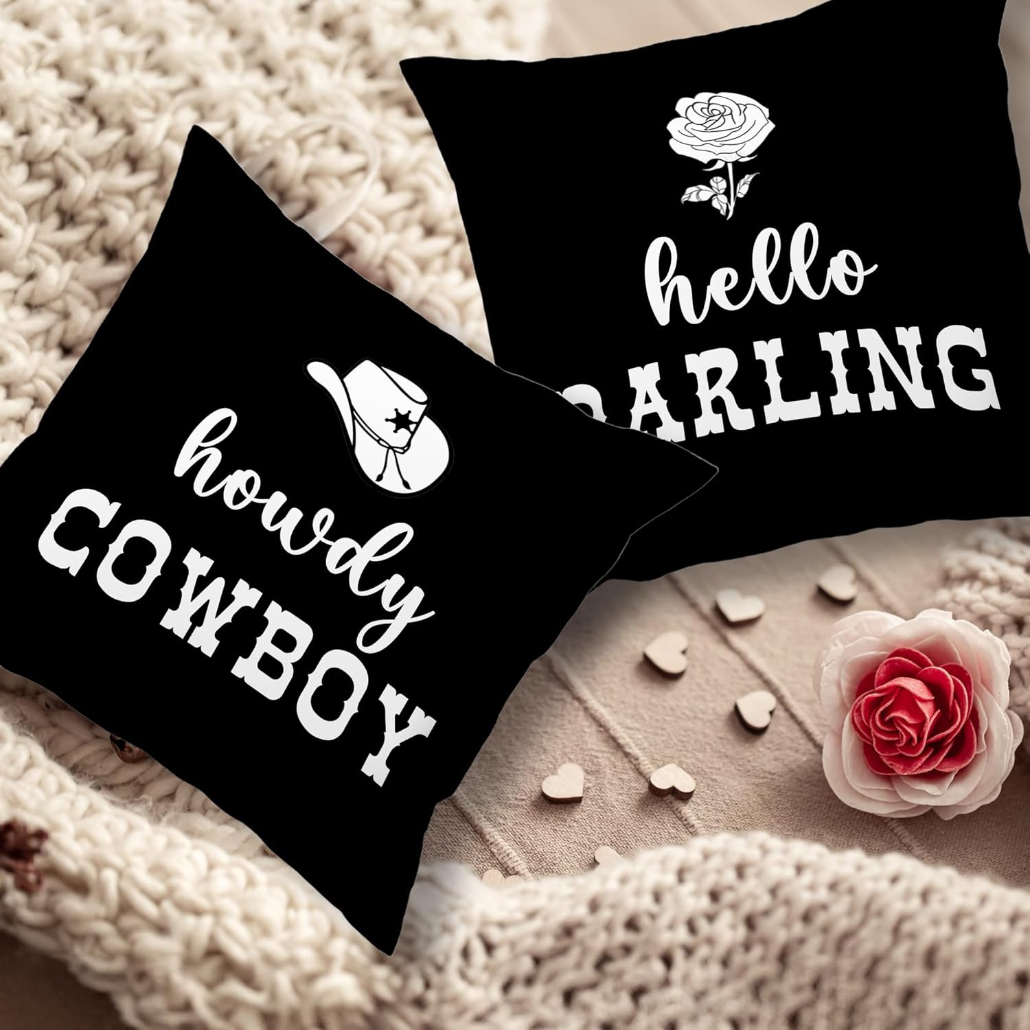 Black Couple Howdy Cowboy Hello Darling Decorative Throw Pillow Covers Set of 2, Valentines Couple Pillows Covers Gifts for Husband Wife, Romantic Pillow Cases Decor for Couch Bedroom 18x18in - Image 2