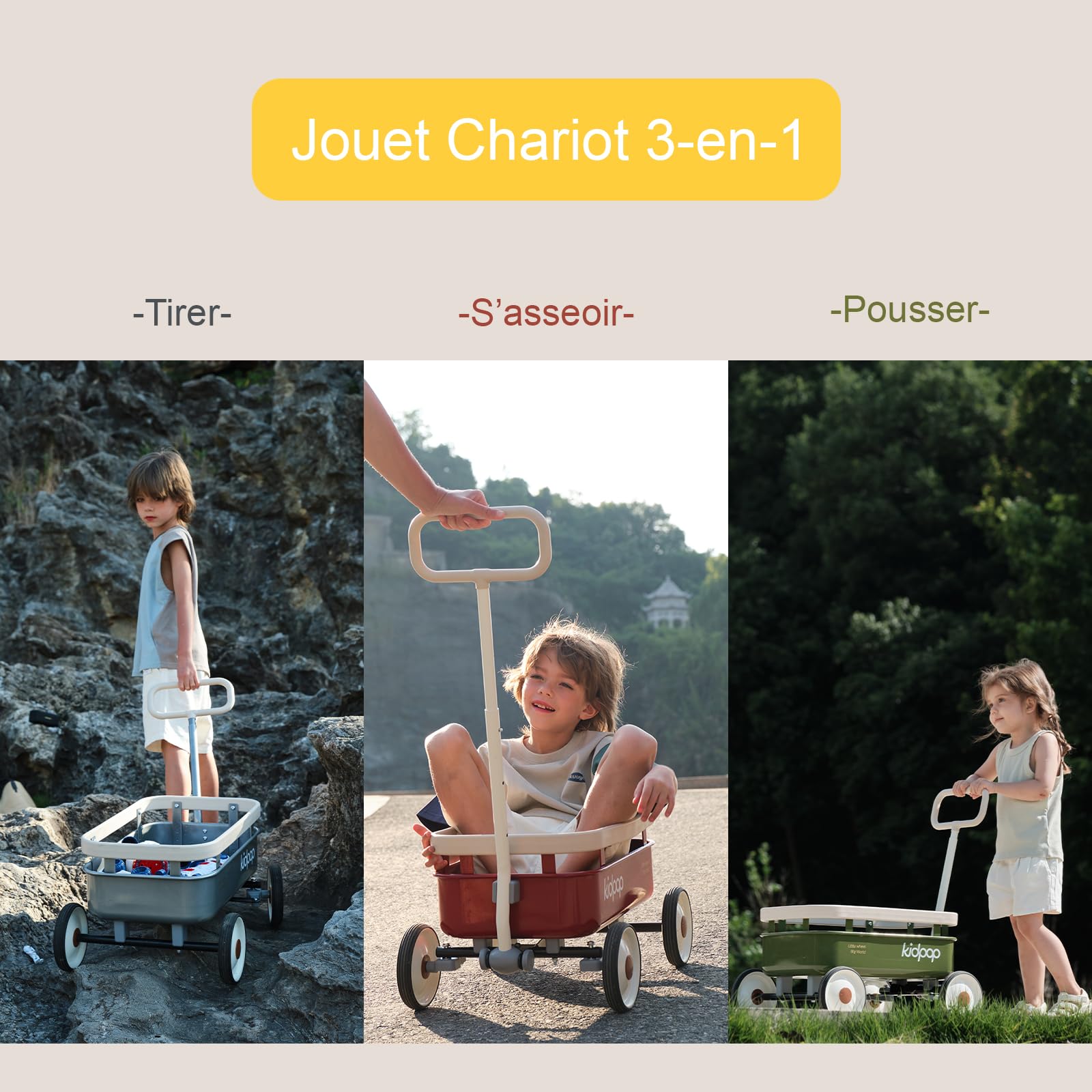 kidpop PULA-Wild 3 en 1 Chariot à Main pour Enfant 2,5 à 8 Ans, Couvercle en Bois Amovible et Guidon réglable, Cadeau d'anniversaire, Poids Maximum 16 kg, Rouge