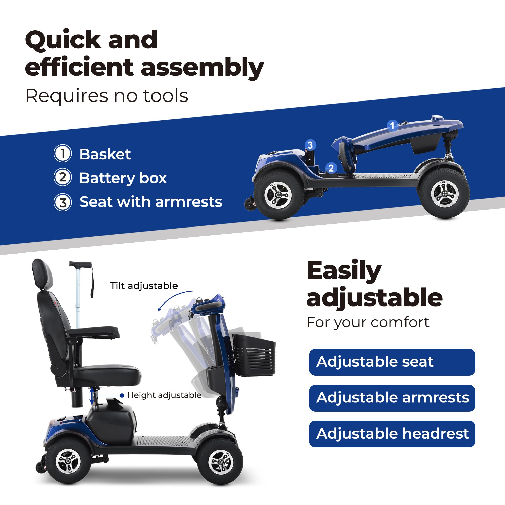 Scooter de movilidad de largo alcance MAX Plus de 24 V para personas mayores: batería de 20 Ah, neumáticos neumáticos de 9 pulgadas, diseño plegable.(Azul)
