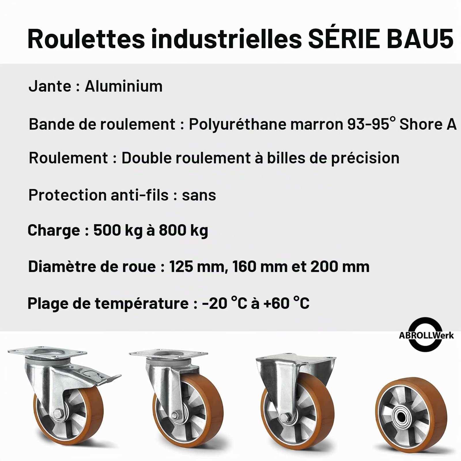 Lot de 2 roues encastrables pour charges lourdes Ø 125 mm avec jante en aluminium et surface de roulement en polyuréthane – Charge maximale 400 kg par roue – Double roulement à billes – Qualité