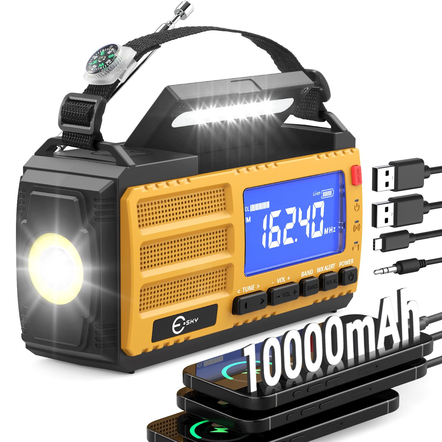 Esky Radio składane 10 000 mAh, przenośne radio awaryjne AM/FM, latarka, alarm SOS i kompas, ładowanie korby USB / solarne / ręczne ładowanie na kemping, na zewnątrz, przerwy w dostawie prądu, prezent