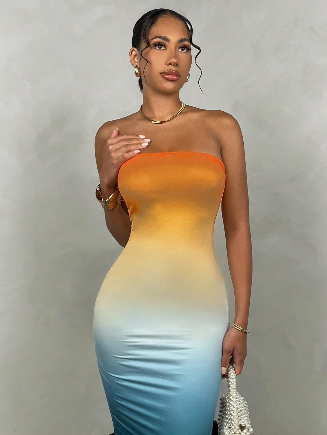 LIGHT DOT Women's Summer Dress Ombre Strapless Tube Gradient Bodycon Long Side Slit Mesh Layered (Orange Blue,S) - Image 3