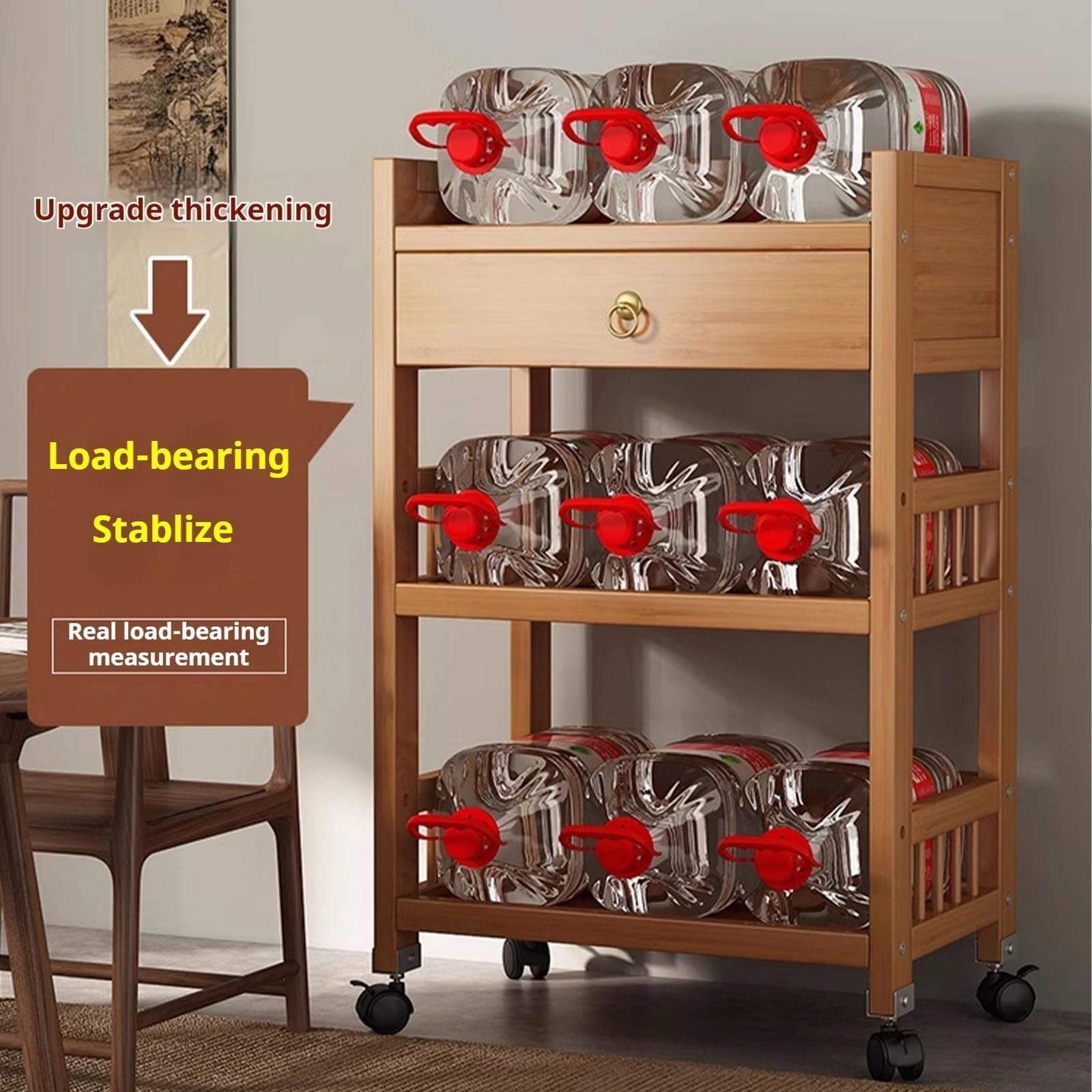 Carrello portaoggetti in bambù a 3 ripiani, organizer mobile su ruote, per cucina, bagno, soggiorno, scaffale multifunzionale con spazio di archiviazione