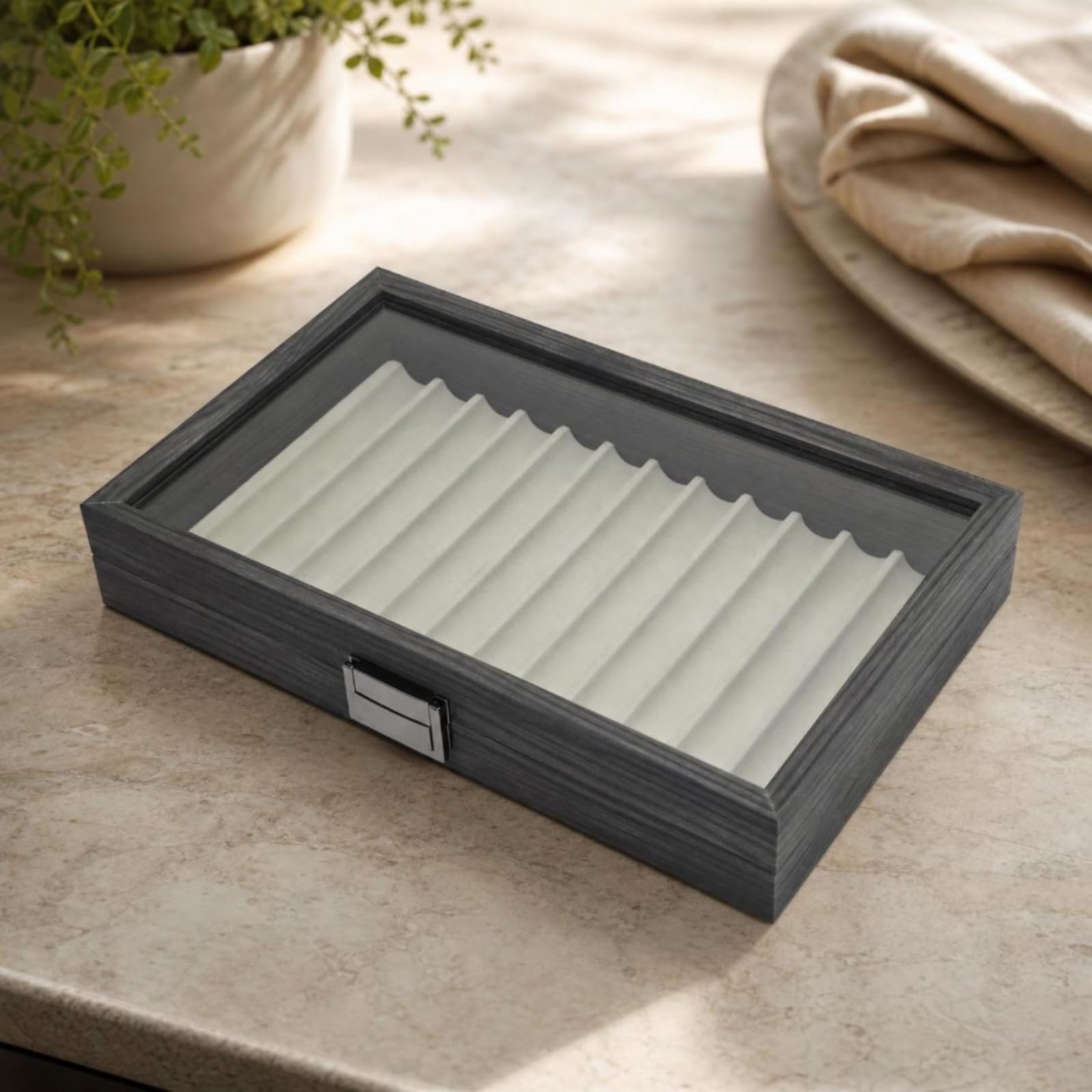 Stifte-schatulle mit 12 fächern dekorativ Stiftaufbewahrungsbox mit 12 fächern elegant Stiftebox sichtfenster für Schreibtisch, Präsentation, Büro, Ebenholz Holzoptik
