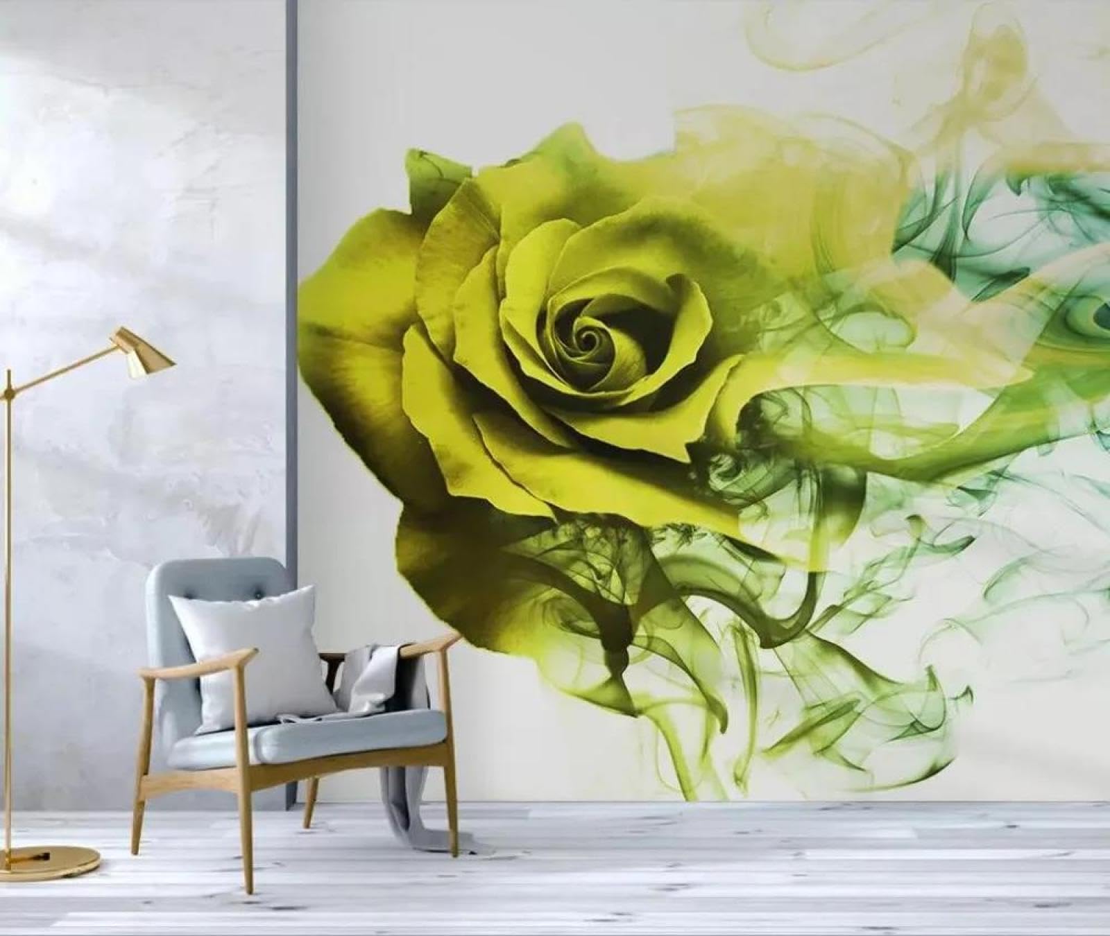 Papier peint fleurs vertes salon ILIYA fond de canapé