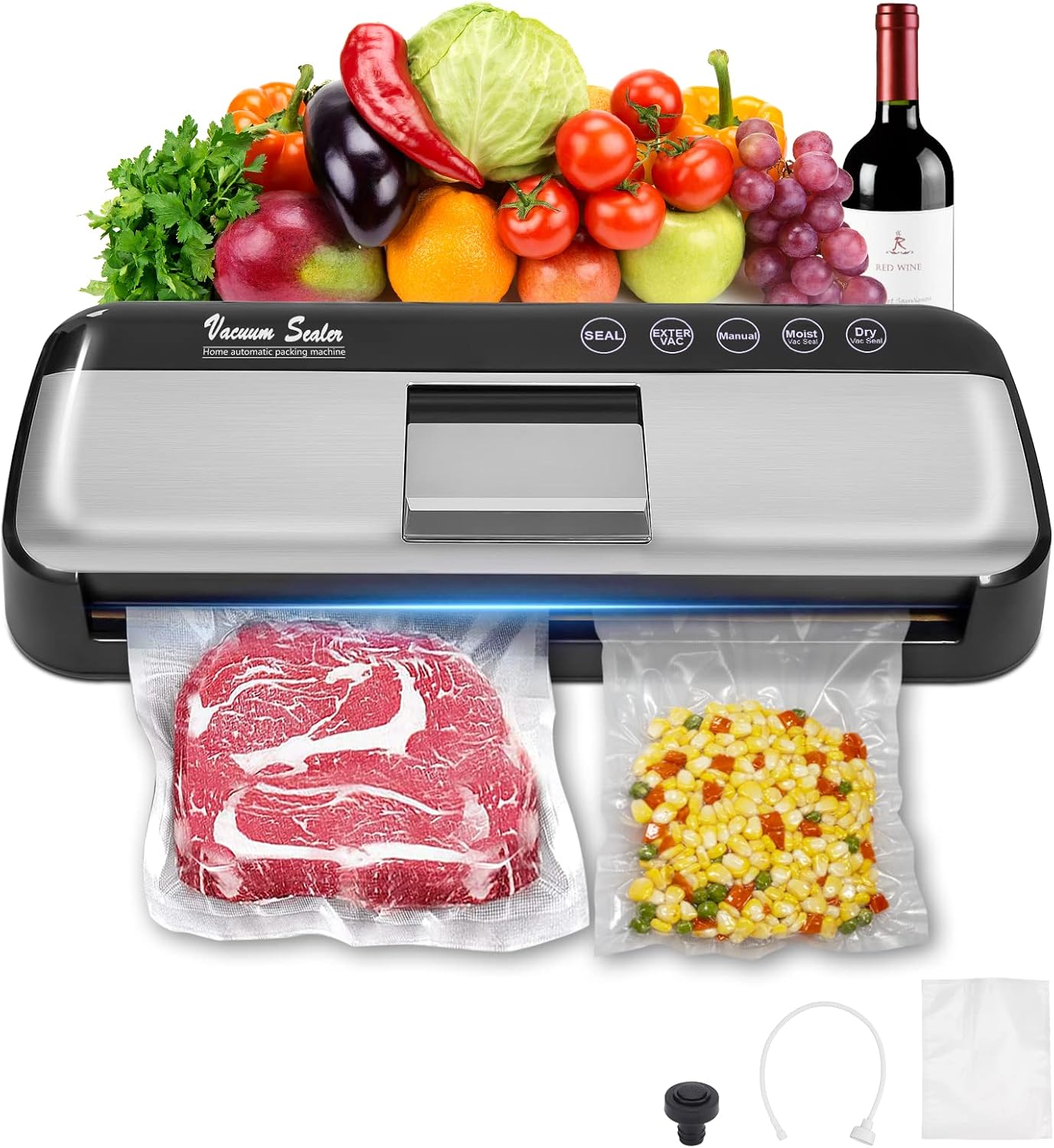 HWTONG Vacuum Sealer, 70 Kpa Powerful Automatic Food Saver Vacuum Sealer Machine with Moist/Dry Modes, Food Sealer Vacuum Sealers for Food Storage & Sous Vide with 15 Seal Bags & 1 Air Suction Hose