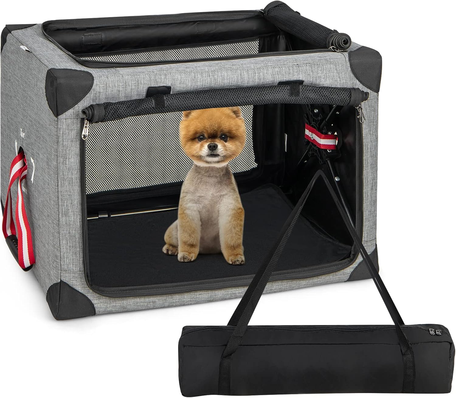COSTWAY Folding Dog Carrier, 3Door Mesh Cat Crate Puppy Cage with