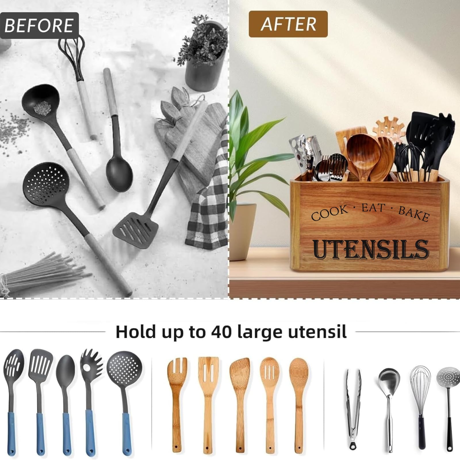 Organizador de utensilios de cocina de madera para encimera o encimera, soporte grande de madera para almacenamiento de utensilios de cocina y cubiertos con 3 compartimentos, contenedor de madera