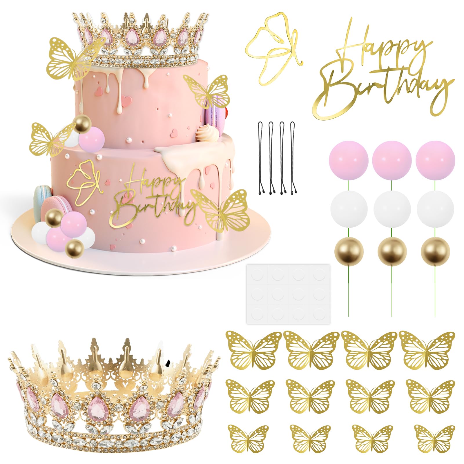 Sesaver Crown Butterfly Cake Decoration, 28Pcs Cake Decorations Cakes Toppers Kit with Queen Crown Golden Butterfly and Ball Decoration, Cakes Decoration for Happy Birthday Wedding Party Anniversary