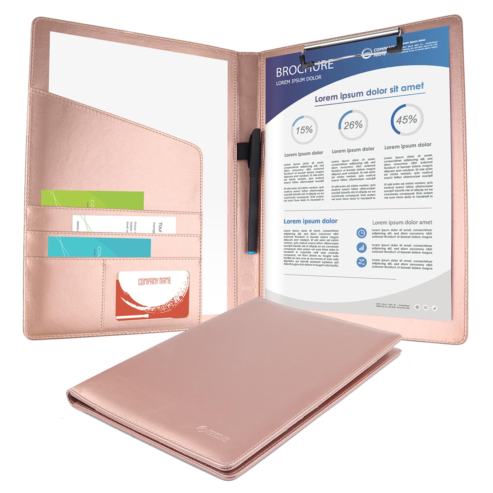 Porte-documents GES A4 en cuir avec pince-notes pour CV entreprise école bureau conférence (Or rose)