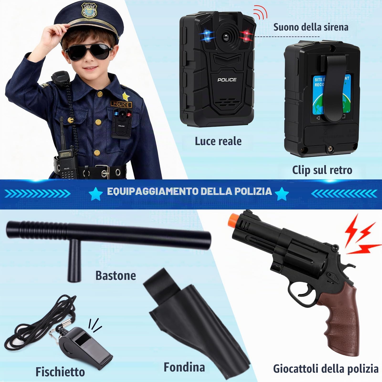 Costume Poliziotto Bambino Vestito Polizia con Cappello Registratore Occhiali da Sole Walkie Talkie Manette Giocattolo Polizia Accessori Costume Halloween Carnevale per Bambini