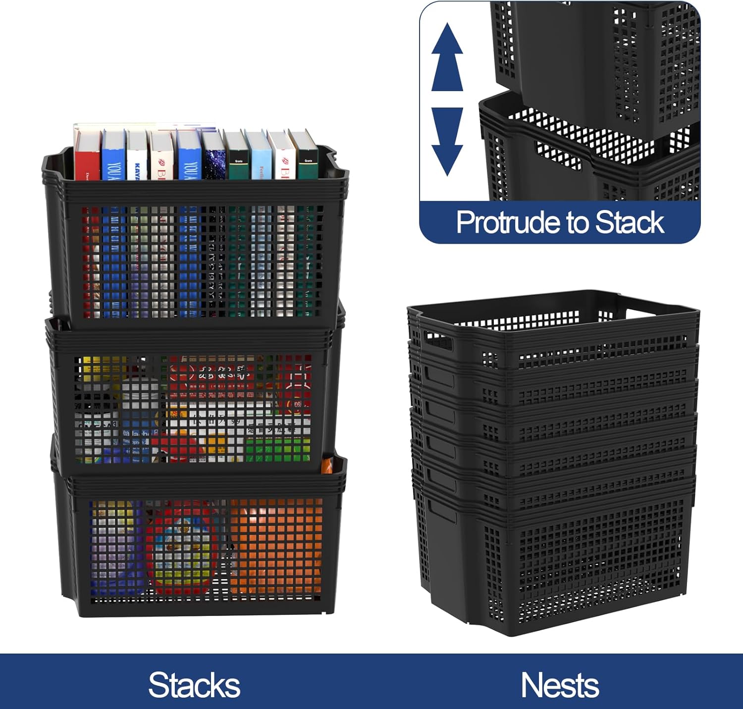 Woven Plastic Shelf Baskets, 6 Pack Stackable Basket Organizer for Pantry, Cabinet, Bedroom, Closet, Laundry Room, 14.8" x 10.9" x 7.1"