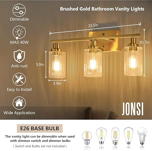 Miniatura 3 de Jonsi 3 luces de tocador de baño de oro cepillado con pantalla de vidrio estriado, luces de baño doradas modernas sobre espejo