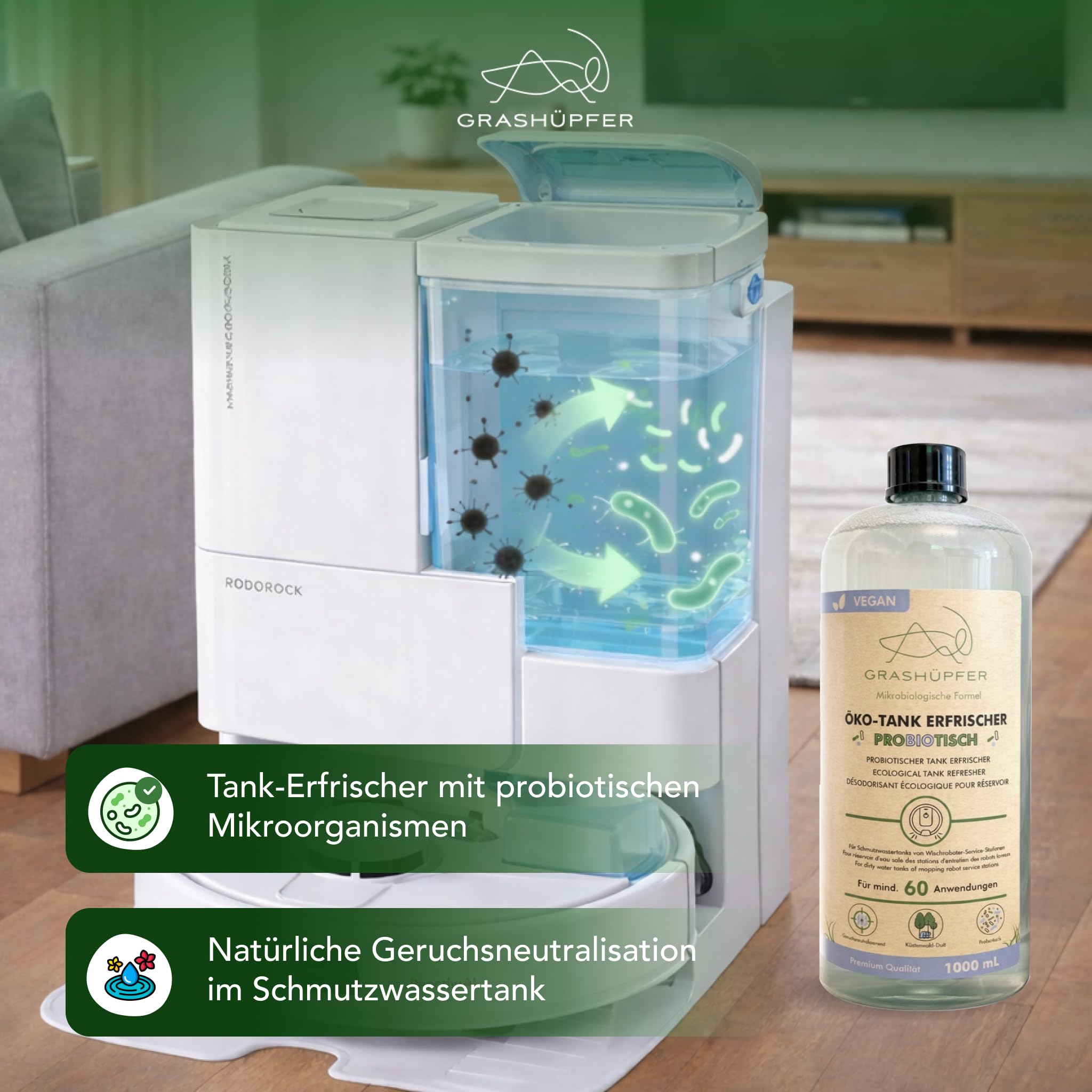 GRASHÜPFER® Deodorante per cisterna ecologica per serbatoi di acqua sporca [PROBIOTICO] – Elimina gli odori di muffa nel serbatoio dell'acqua sporca biologico [Profumo Balesta costiera] – 1000 ml