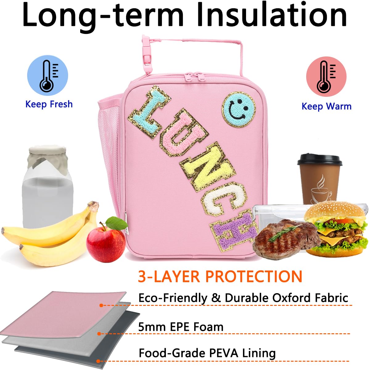 GYEUKHAM Insulated Lunch Bag for Women Girl Teen large Insulated Kid Lunch Bag,Large Reusable Cute Cooler Bag for School Work Picnic,Pink Alphabet