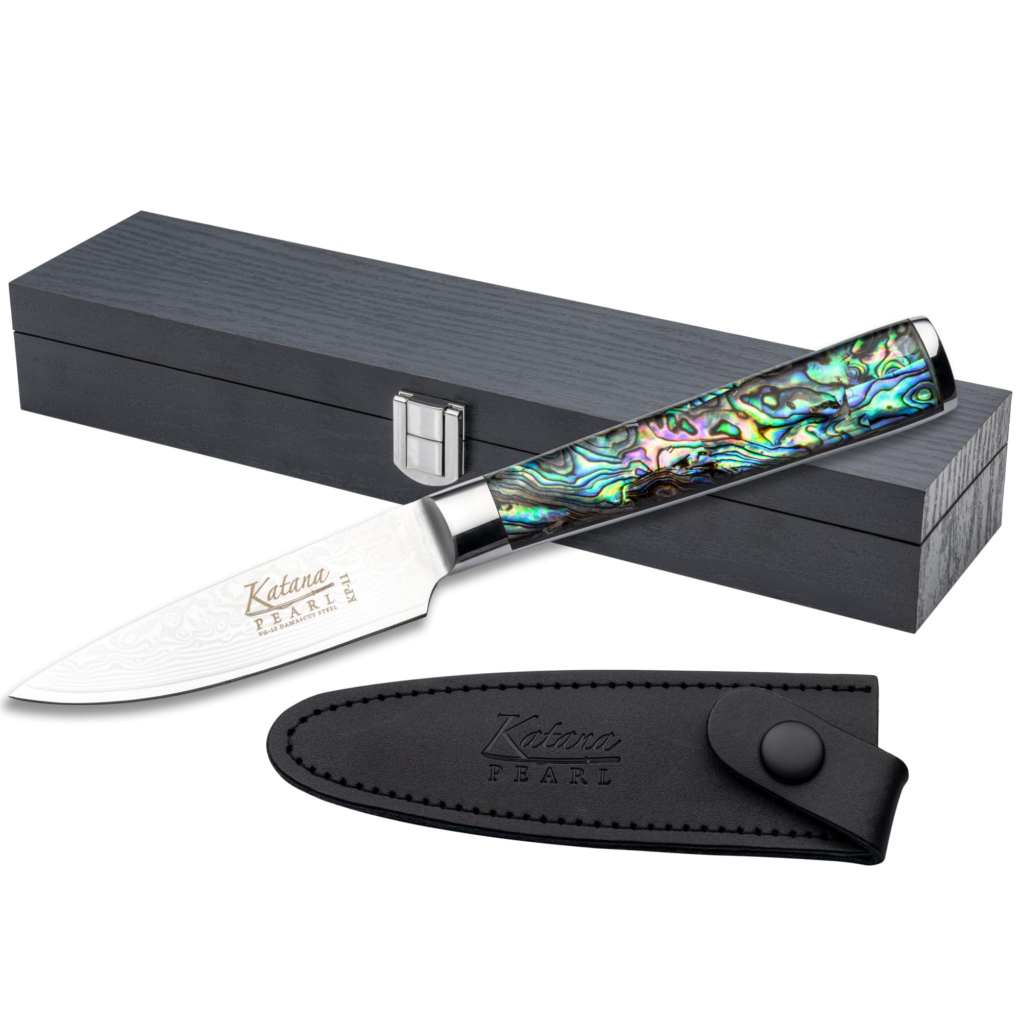 Katana Saya Pearl 9cm Paring Knife, Japanese 67-Layer VG-10 Damascus Stainless Steel, Kitchen Knife, Acrylic Handle with Abalone Pattern, Japanese Style