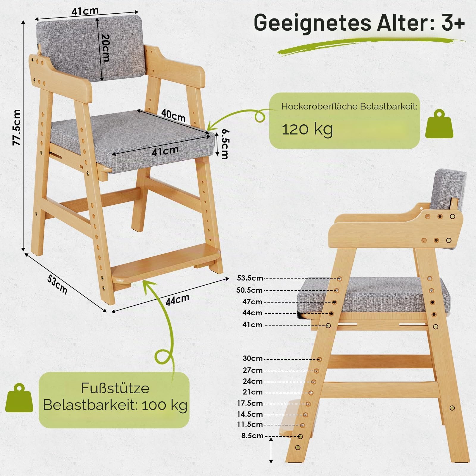 Clevich Buchenholz Kinderstuhl, Schreibtischstuhl für Kinder ab 3 Jahren, höhenverstellbar, mit abnehmbarem Sitzkissen, stabil und sicher bis 120 kg, zum Essen und Lernen, Naturholzfarbe