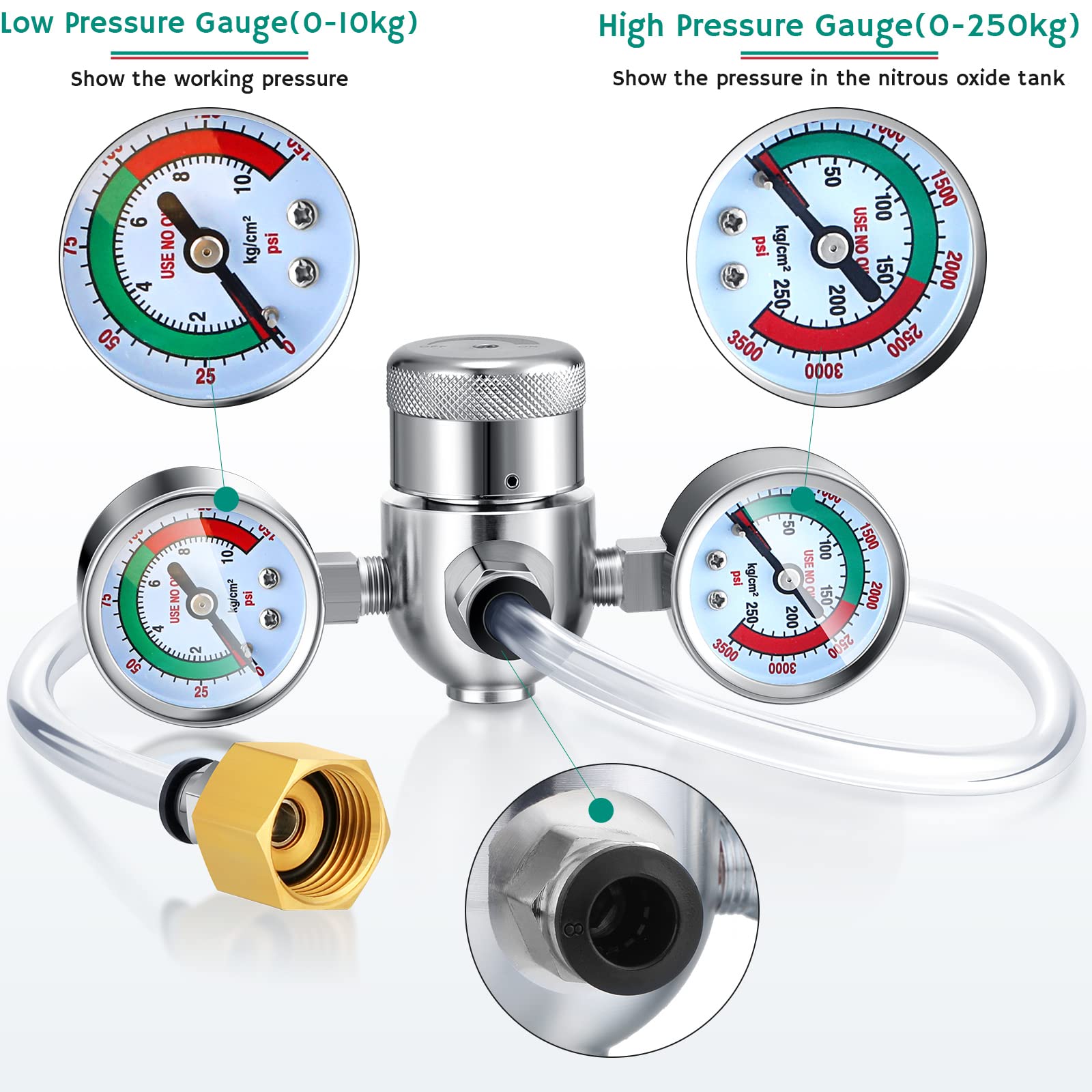 Válvula reguladora de presión de crema batida con línea de manguera y adaptador para cargadores de crema batida de 0,95 litros, tanque de 580 g