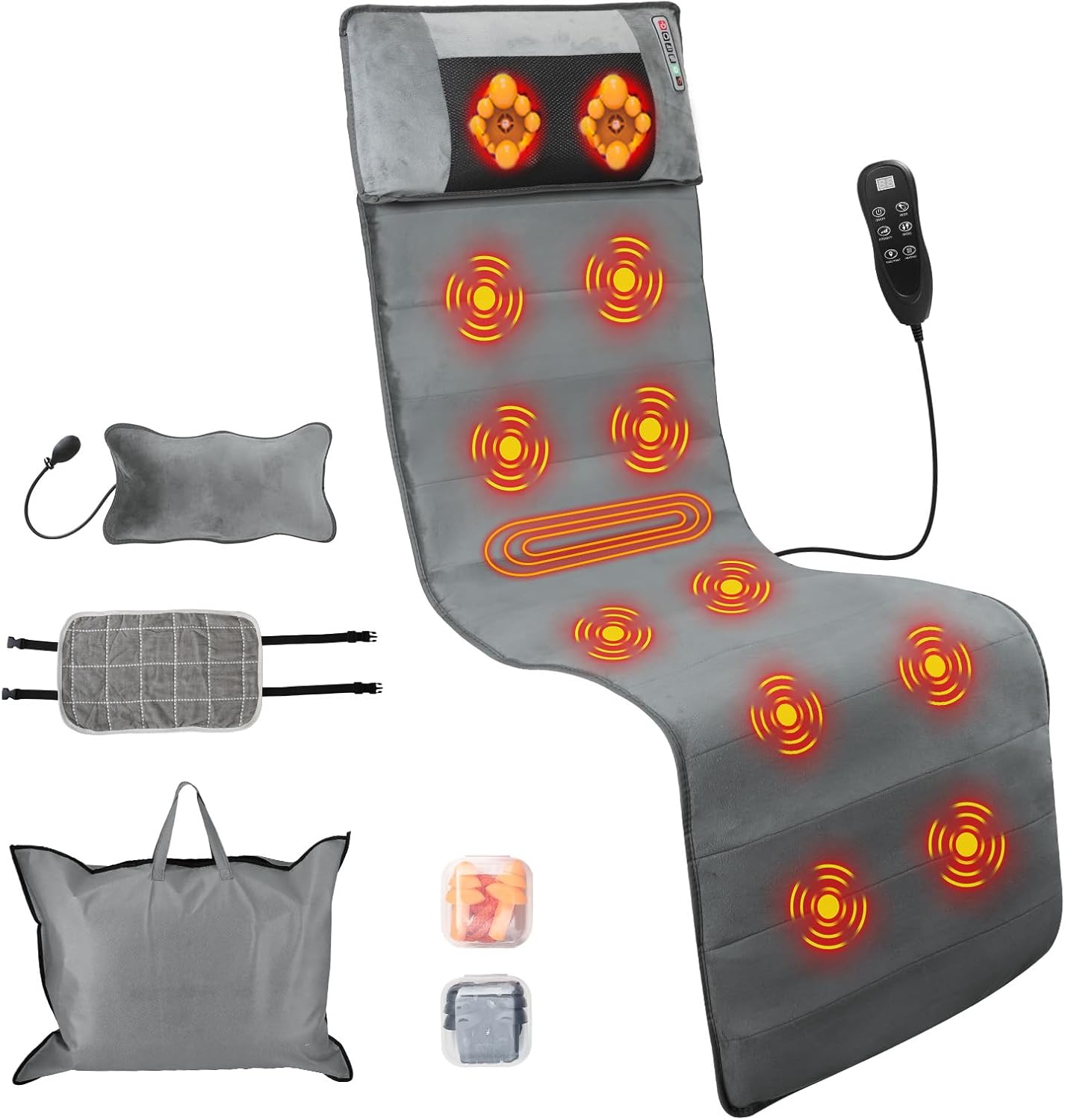 Full Body Massage Mat with Heat, 10 Vibration Nodes Massage Chair Pad with 3 Heating Levels, Multifunctional Full Body Relaxation Seat Back Massager with Head Neck Foot Massage Pillow for Home Office