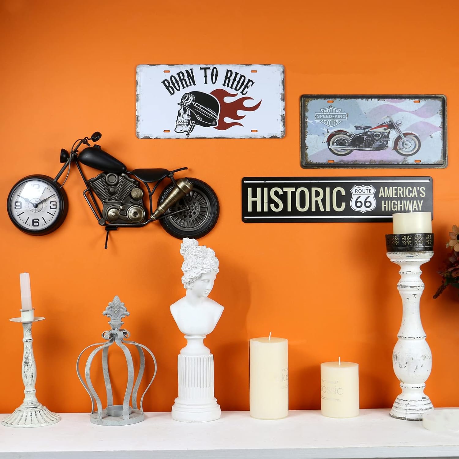 Motorcycle Gifts for Men Vintage Desk Clock Tabletop Clock 17.3 Inch Rustic Decor Gifts Dad Him Boyfriend Battery Operated No Ticking Antique For Mantle Shelf Decorations Living Room Office Black