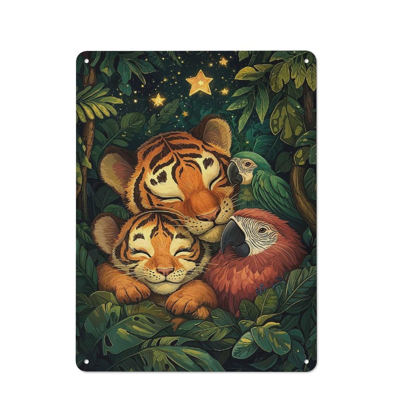 Junmoney Style-1 For Hobby Room Or Studio, Tiger Cubs And Parrots Retro-Style Tin Sign 40X30cm, For Room Styling Across Hobby Rooms And Studios