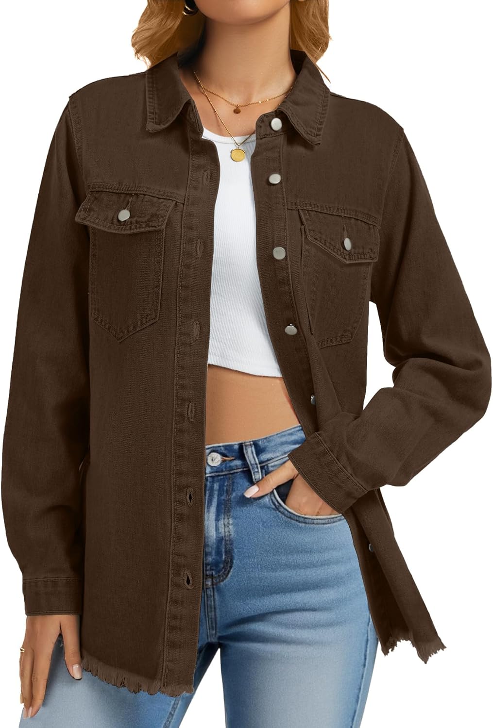 Oversized Jean Jacket For Women Casual Long Sleeve Button Denim Shirts Distressed Denim Jackets Shacket - Image 2