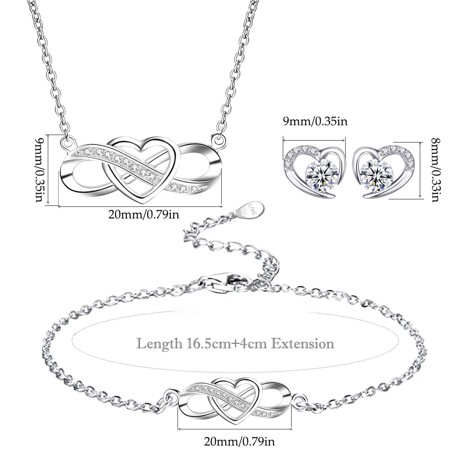Juego de Joyas para Mujer, Collar y Pulsera Corazón Infinito, Pendientes Corazón con Cristales Austriacos, Plata de Ley 925, Un Regalo Para Una Mujer